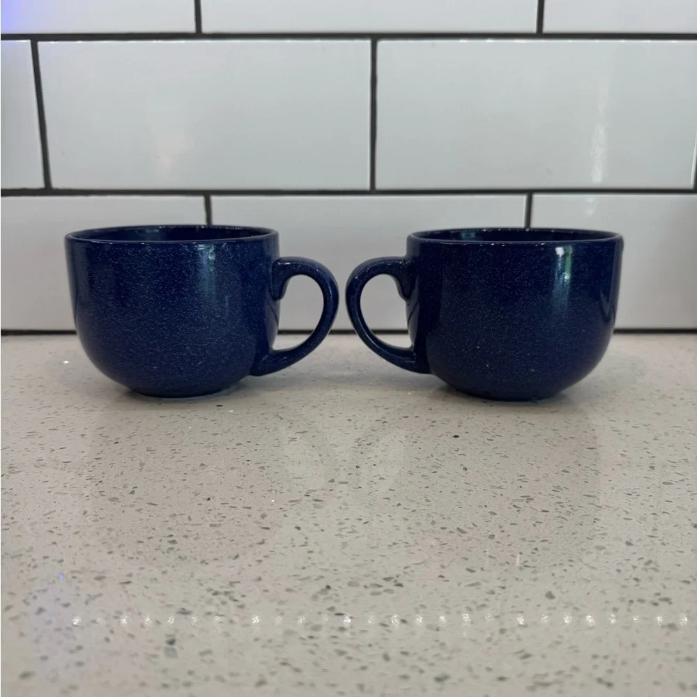 Pier 1 Imports Set of 2 Stoneware Speckled Blue Jumbo Soup or Cappuccino Mugs
